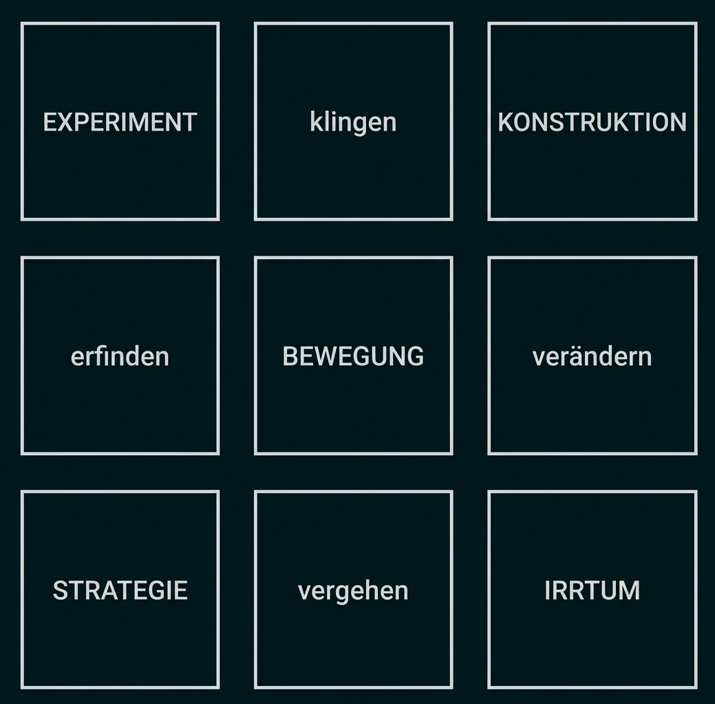 Neun Karten mit den Begriffen Experiment, klingen, Konstruktion, erfinden, Bewegung, verändern, Strategie, vergehen und Irrtum.